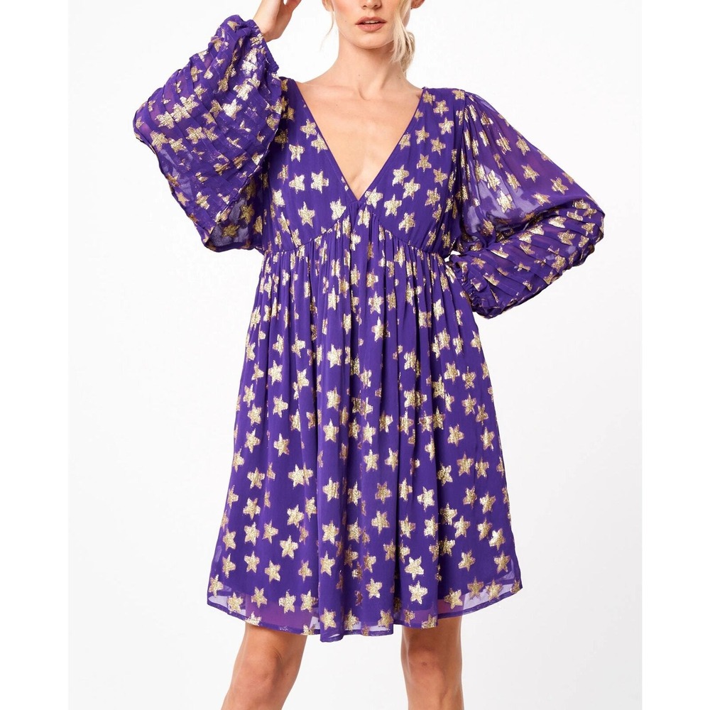 Ciebon Mini Dress Women XS Purple Gold Sallie Metallic Star V-Neck Long Sleeve
